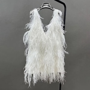 Ostrich Feather Sleevless Front and Back Deep VNeck Mini Dress