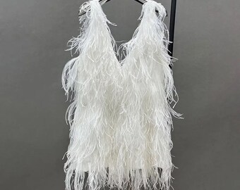 Ostrich Feather Sleevless Front and Back Deep VNeck Mini Dress