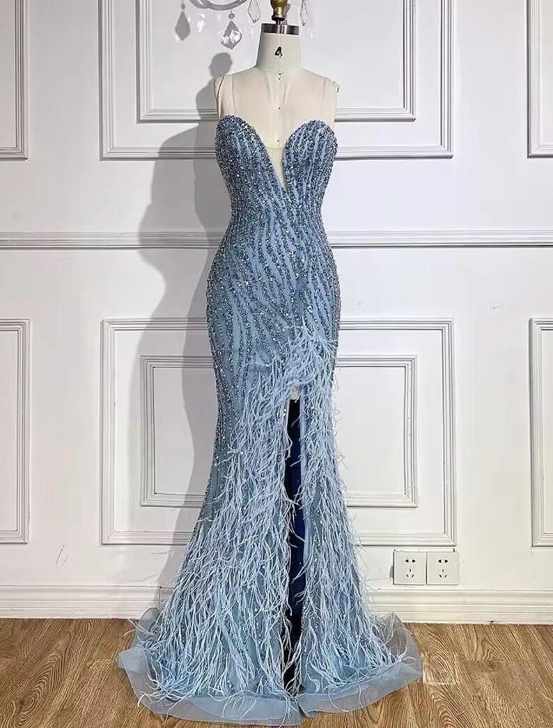 Sweetheart Sleeveless Trumpet Dress with Slit Navy Blue
