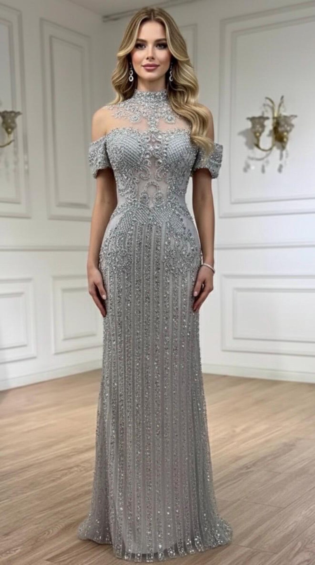 Silver Rhinestone Beaded Side Sleeve Gown Silver Rhinestone Beaded Side Sleeve Gown