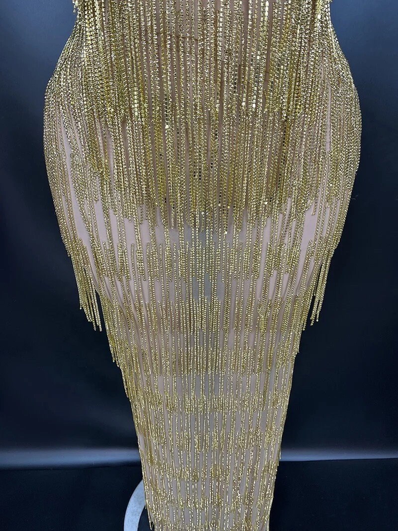 Gold Rhinestone Fringe Embellished Halter Maxi Dress