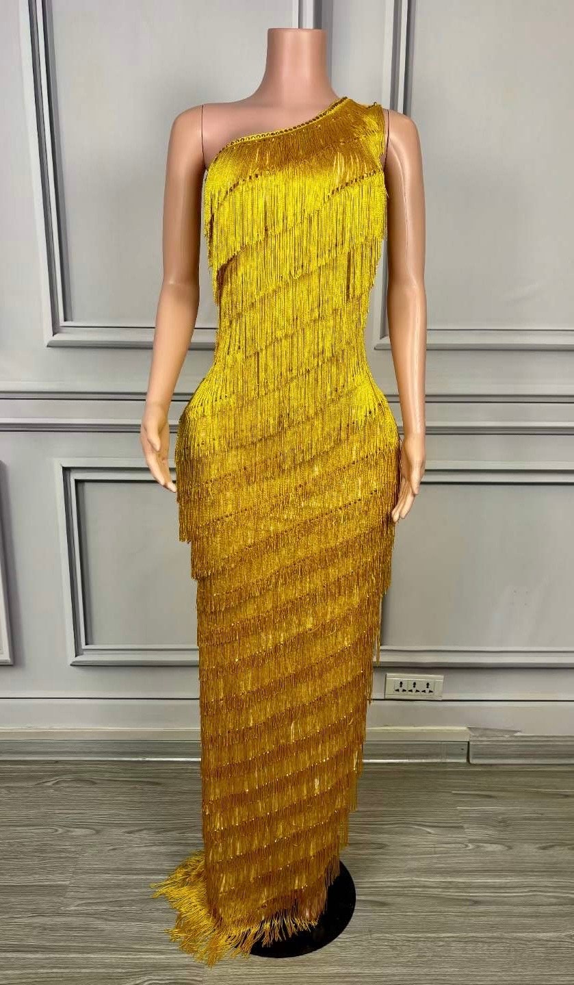 Gold One Shoulder Full Fringe Side Slit Maxi Dress Gold One Shoulder Full Fringe Side Slit Maxi Dress