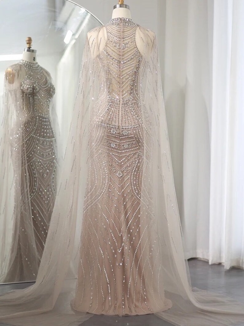 Long Sleeve Beaded Gown with Cape