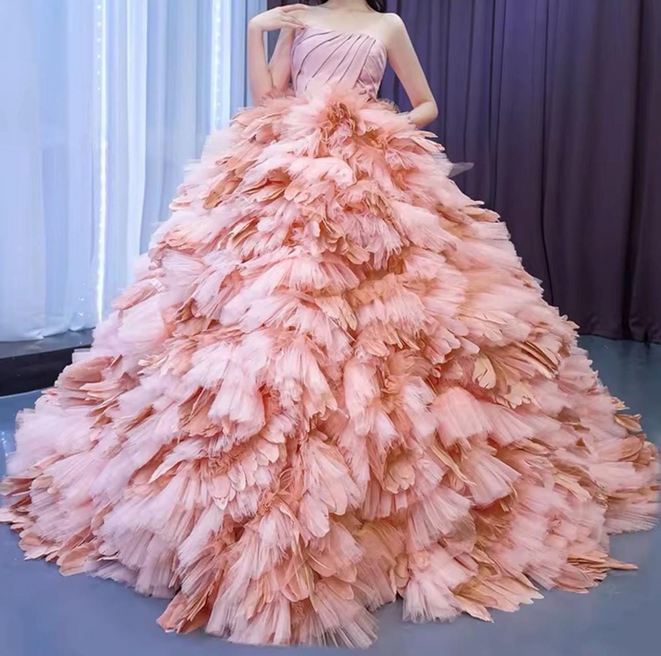 Pink Blush Strapless Pleated Corset Tie Bodice Tulle and Feather Ruffle Tiered Skirt Gown