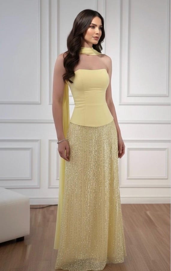 Yellow Corset Bodice Sequin Beaded Skirt Gown With Matching Neck Scarf -  Etsy