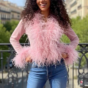 Blush Pink Sheer Long Sleeve Bolero with Ostrich Feather Trim on Collar and Sleeves - 2-3 Week Production Time