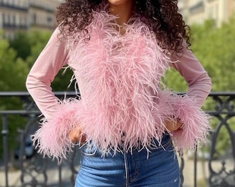 Blush Pink Sheer Long Sleeve Bolero With Ostrich Feather Trim on