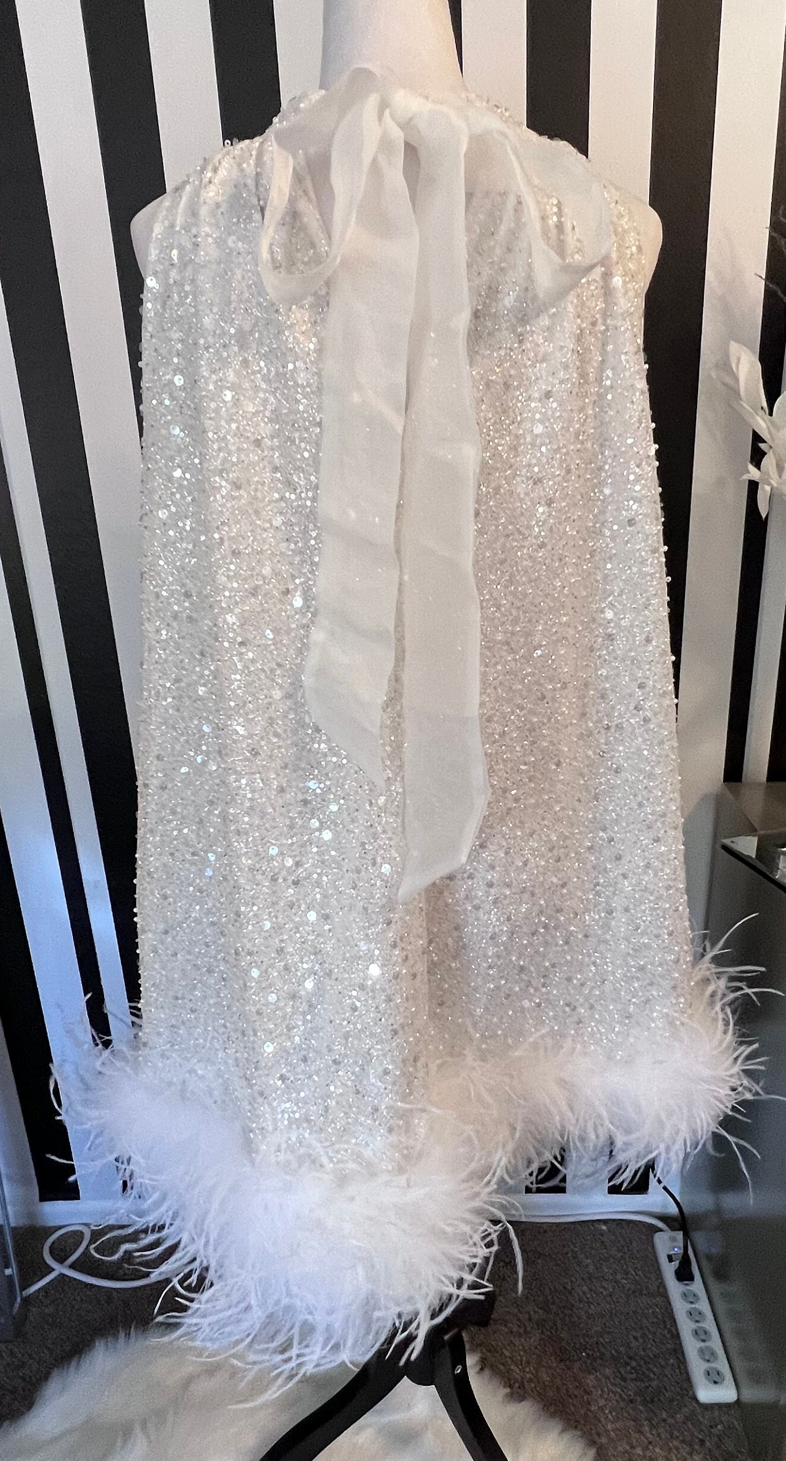 Sequin and Pearl Mock Neck A Line Mini Dress With Ostrich