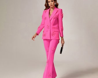 Floral Appliqué Blazer and Pant Set