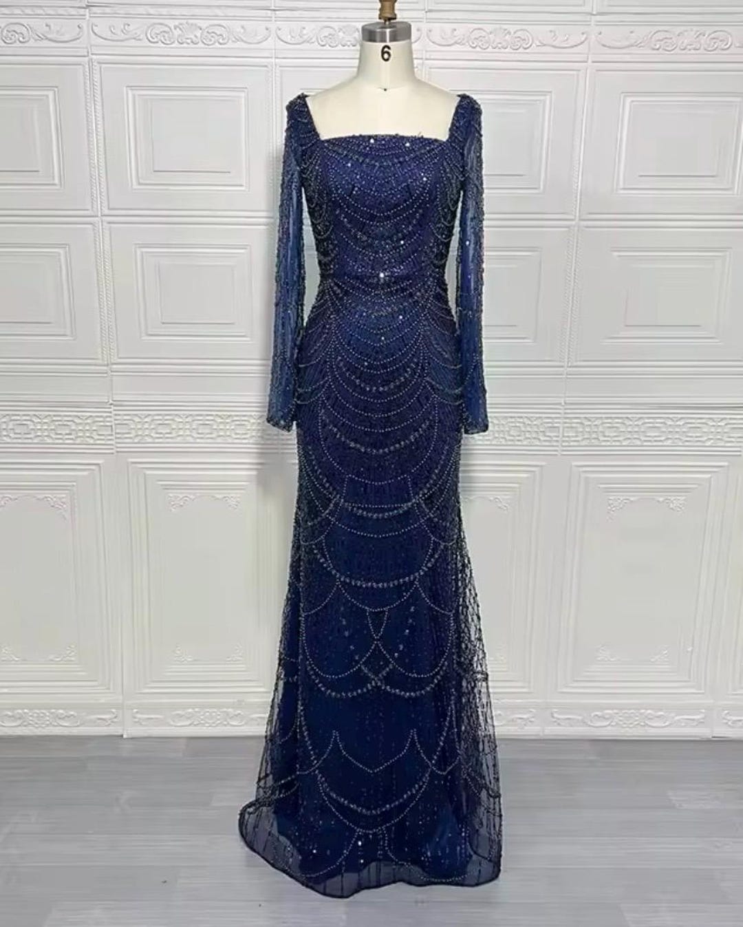 Pearl Beaded Long Sleeve Bodycon Maxi Evening Dress