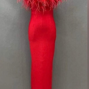 Red Strapless Sweetheart Neck Feather Trim Bandage Maxi Dress - FINAL SALE!
