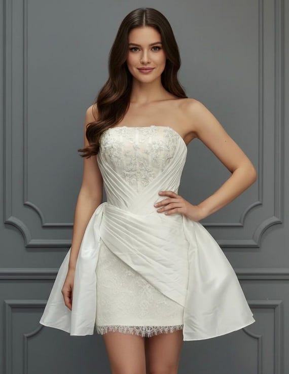 White Strapless Lace Appliqu Beaded Bodice Lace Back Peplum Lace Mini Dress