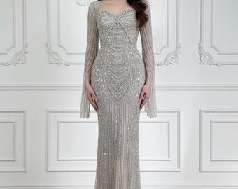 Champagne Long Sleeve Cutout Mock Neck and Back Bead Embellished Gown