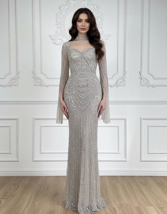 embellished evening dress Strapless Long Beaded Formal Dress with Sheer Capelet Midnight / 8