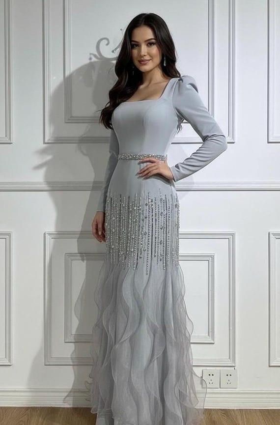 chinese dress ladies Camila Grey Diamond Embellished Maxi Dress