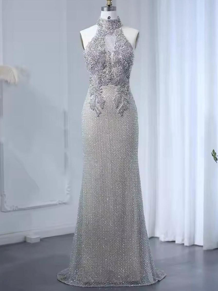 Silver Gray Embroidered Beaded Bodice Halter Backless Sequin Mermaid Gown