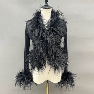 Black Sheer Long Sleeve Cardigan with Ostrich Feather Trim on Collar and Sleeves - 7-10 Day Production Time