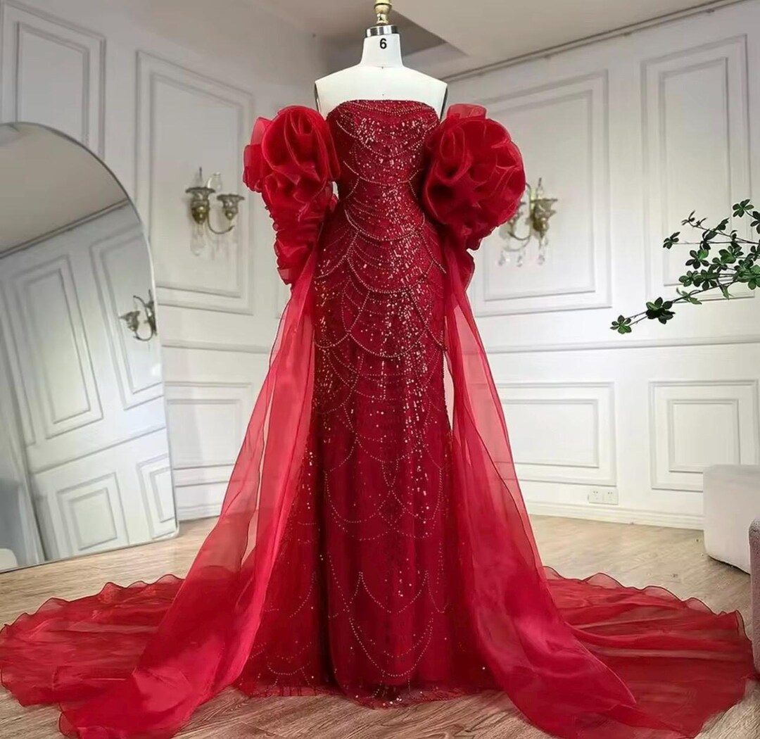 Beautiful Pearl Decor Ruffled Sleeve Red Dress