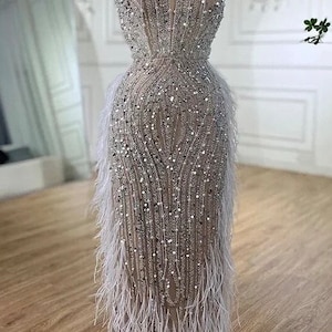 Sleeveless Sequin Beaded And Feather Embellished Gown