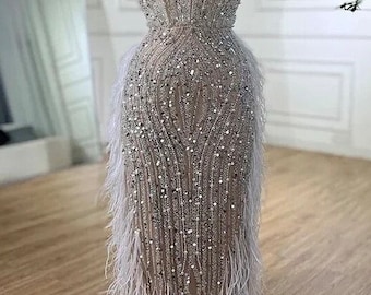 Sleeveless Sequin Beaded And Feather Embellished Gown