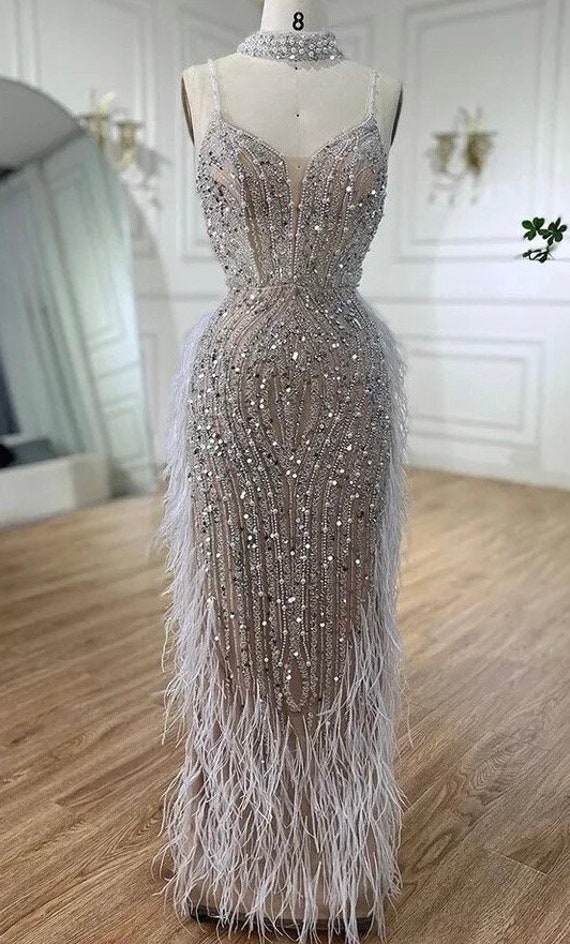 Sleeveless Sequin Beaded And Feather Embellished Gown