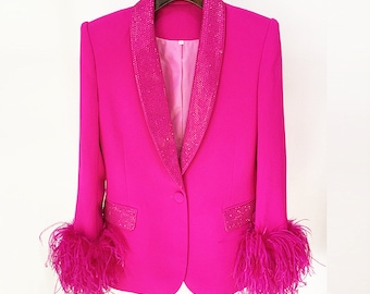 Fuchsia Rhinestone and Feather Trim Blazer