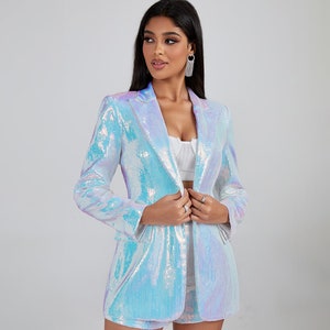 Silver Rainbow Sequin Blazer and Short Set