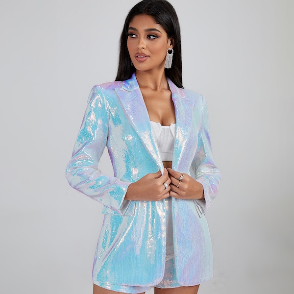 Silver Rainbow Sequin Blazer and Short Set