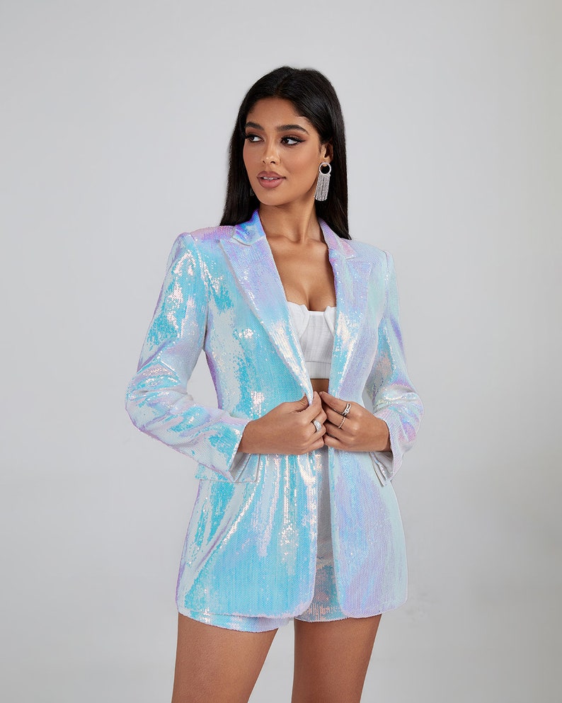 Silver Rainbow Sequin Blazer and Short Set image 1