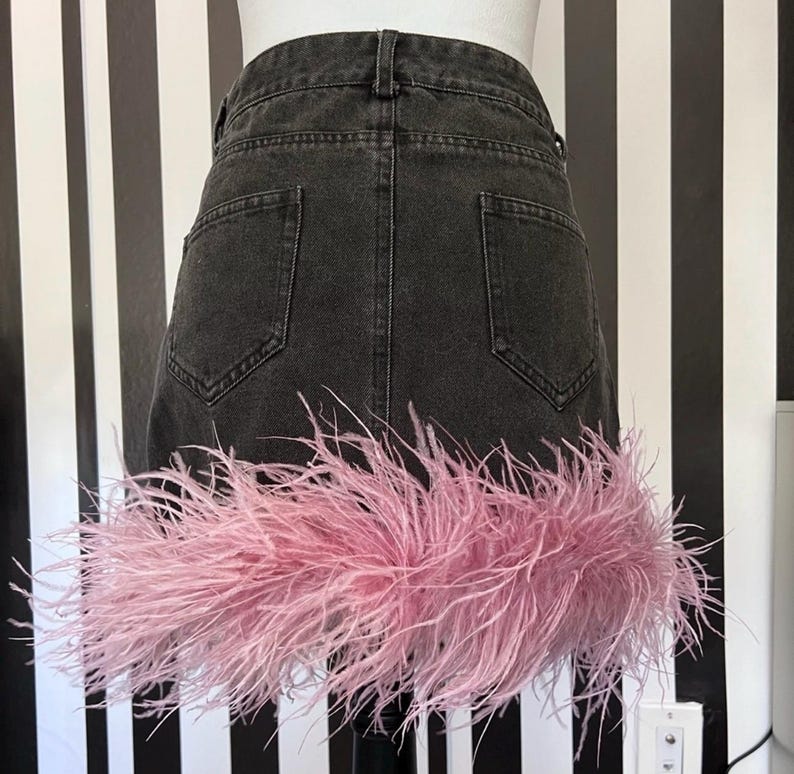 Washed Blue Denim Asymmetrical Pink Feather Trim Skirt