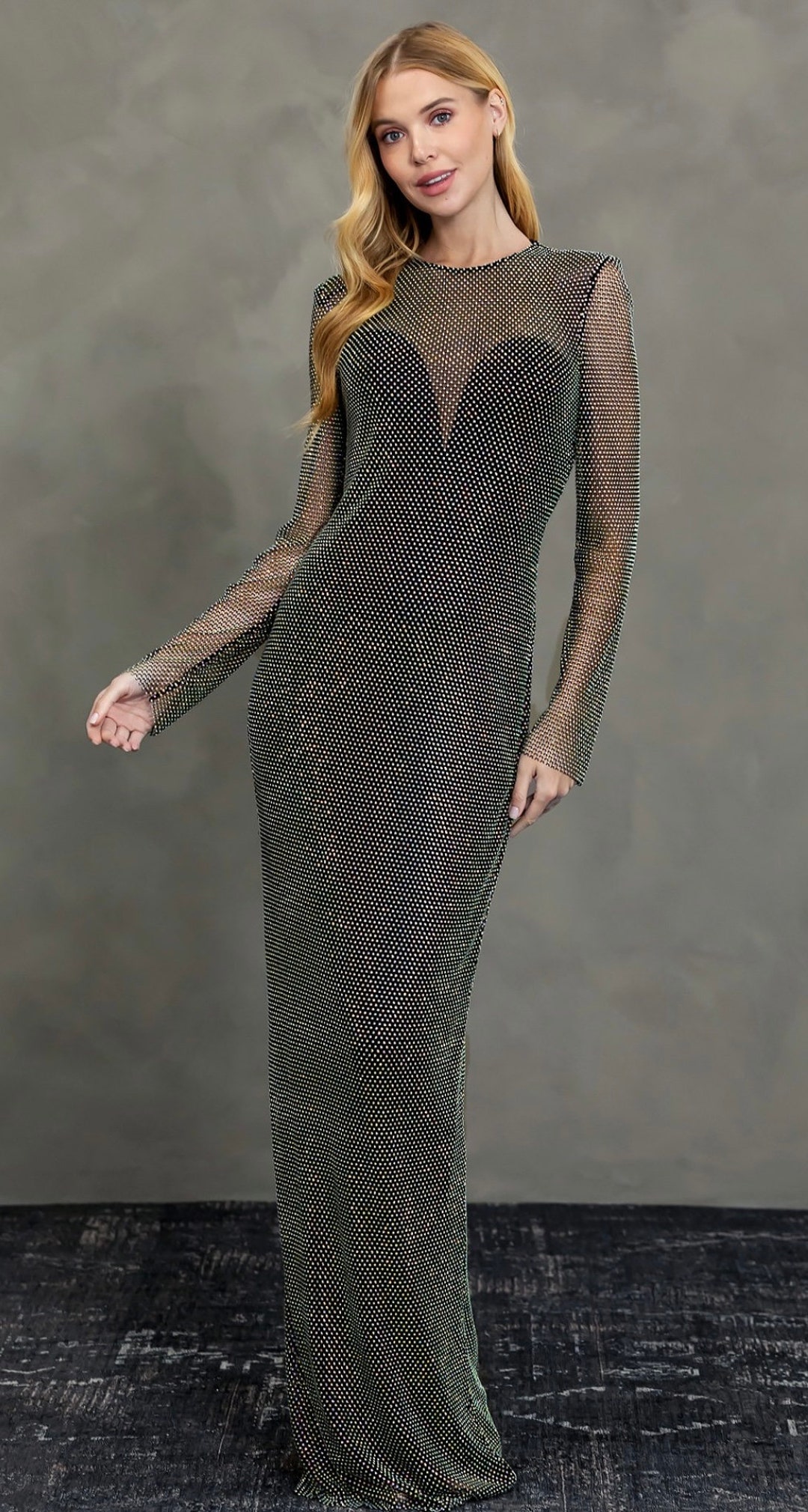 Black Crystal Rhinestone Long Sleeve Formal Maxi Dress Gown - Etsy