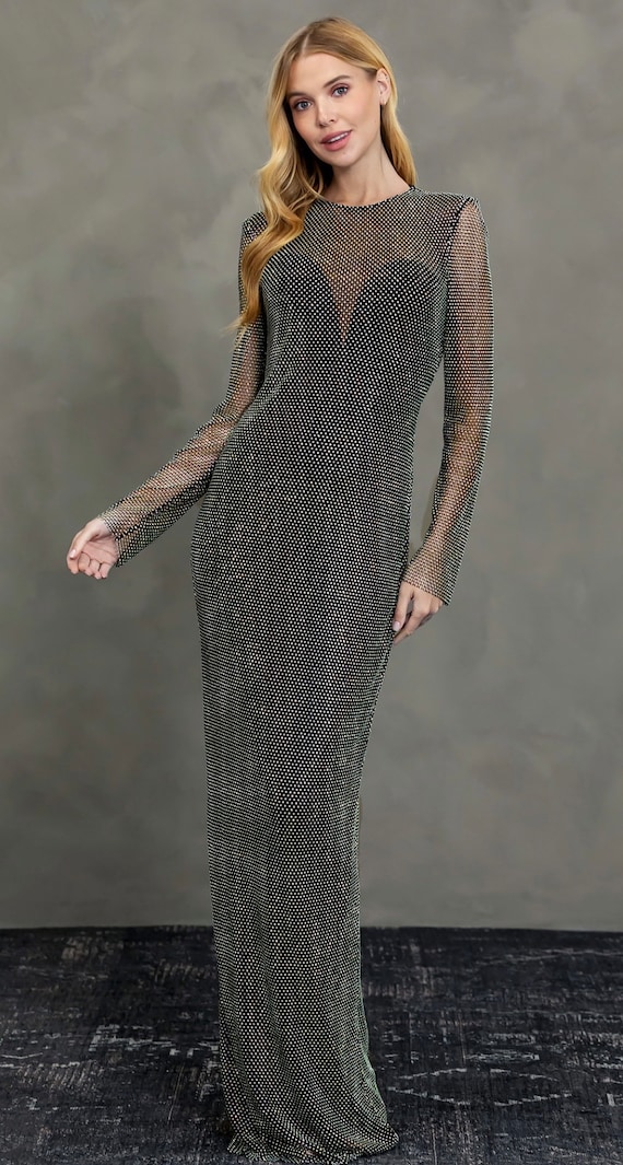 fitted lace wedding dress Sunburst Beaded Jersey Long Sleeve Jewel Neck Column Dress Missy / 16 / Black