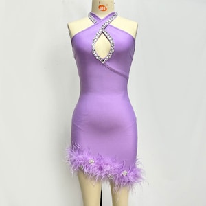 Rhinestone Keyhole Halter Feather Trim Mini Bandage Dress