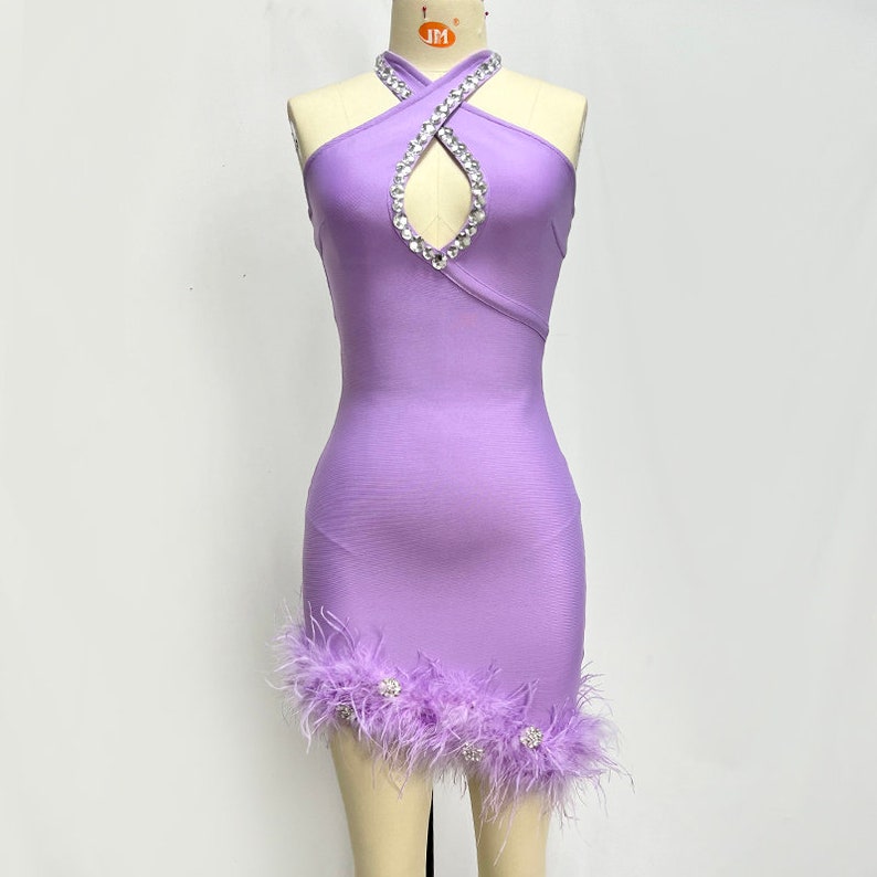 Rhinestone Keyhole Halter Feather Trim Mini Bandage Dress Purple