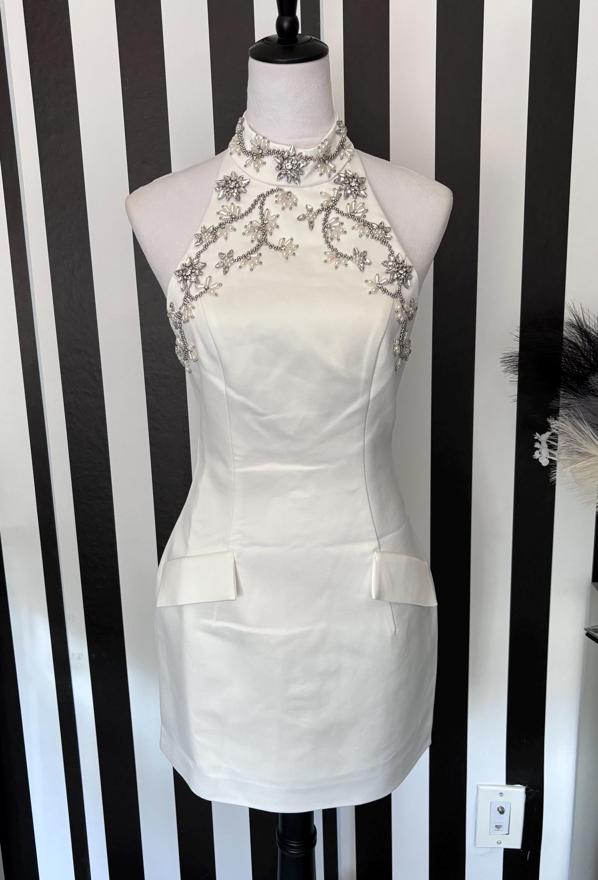 White Halter Rhinestone Pearl Embellished Open Back Mock Pockets Mini Dress - FINAL SALE - Etsy White Halter Rhinestone Pearl Embellished Open Back Mock Pockets Mini Dress - FINAL SALE - Etsy
