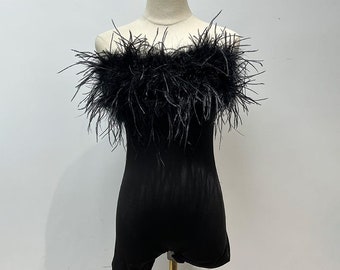 Sleeveless Romper with Ostrich Feather Trim