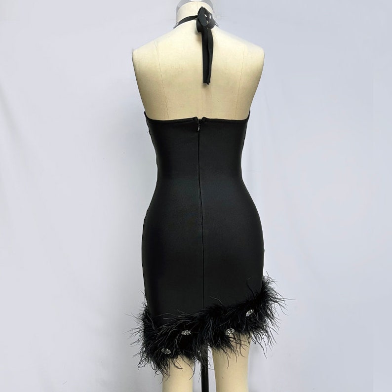 Rhinestone Keyhole Halter Feather Trim Mini Bandage Dress image 6