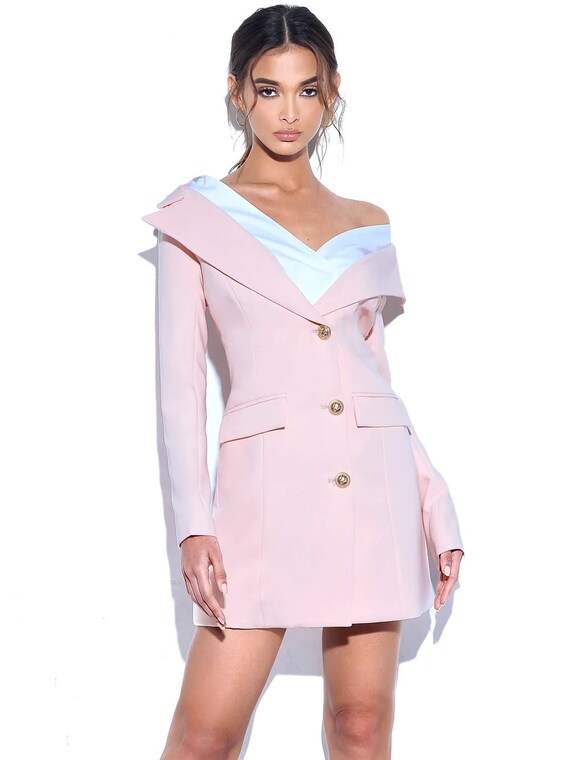 off white pink blazer dress Blush Peach Off Shoulder Blazer Dress