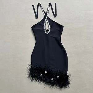 Rhinestone Keyhole Halter Feather Trim Mini Bandage Dress image 7