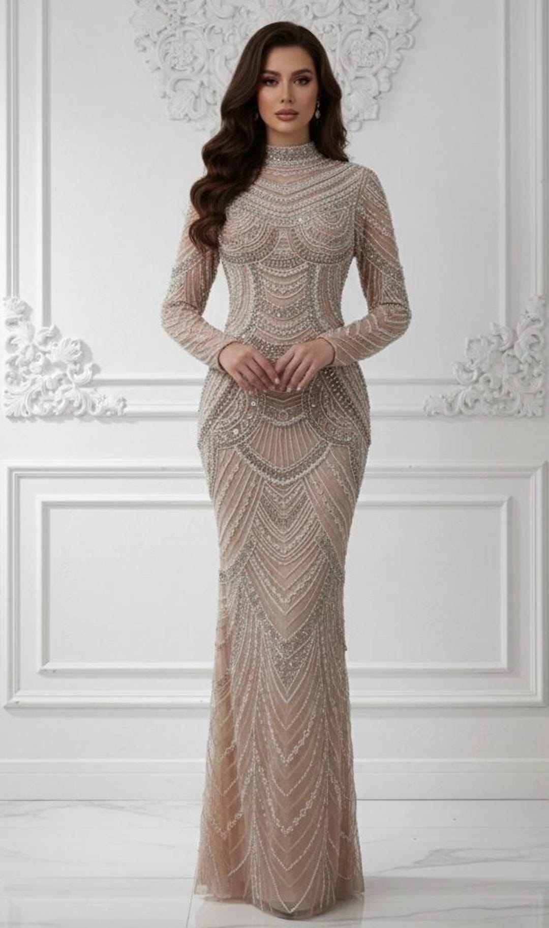 Long Sleeve Rhinestone and Pearl Embellished Mock Neck Maxi Gown - Etsy