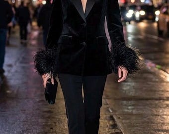 Black Satin Lapel Feather Cuff Velvet Blazer