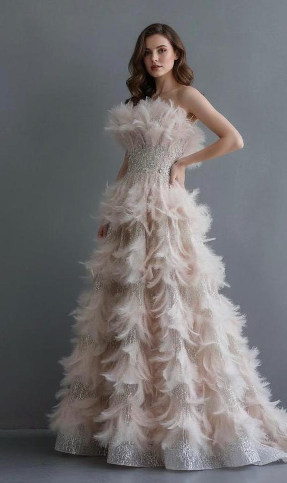 Ivory Pink Strapless Beaded Corset Bodice Full Feather Embellished A Line  Gown - Etsy