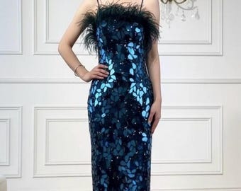 Peacock Blue Feather Trim Bodice Mirror Embellisbed Midi Dress Peacock Blue Feather Trim Bodice Mirror Embellisbed Midi Dress