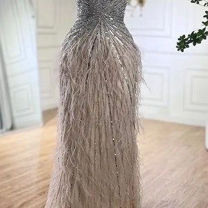 Silver and Beige Sequin Beaded Feather Embellished Halter Backless Gown