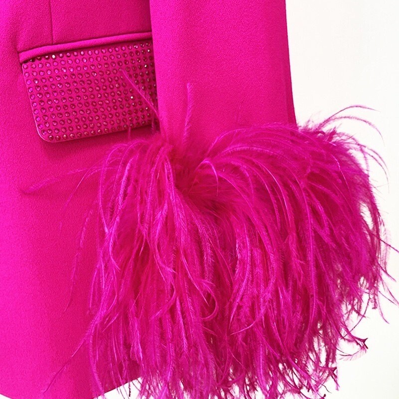 hot pink blazer dress with feathers strapless open back dress Hot Pink Blazer Feather Mini Dress Haute In Couture