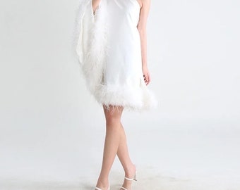 White One Shoulder Ostrich Feather Trim Flowing Mini Cape Dress