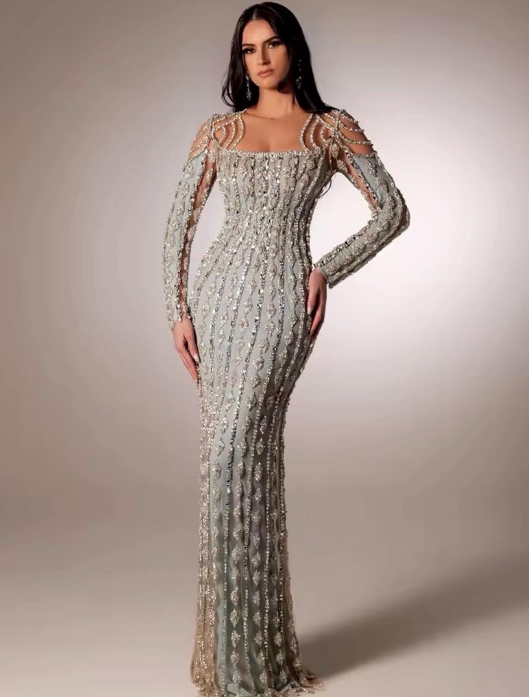Sage Green Long Sleeve Rhinestone Embellished Maxi Gown - Etsy