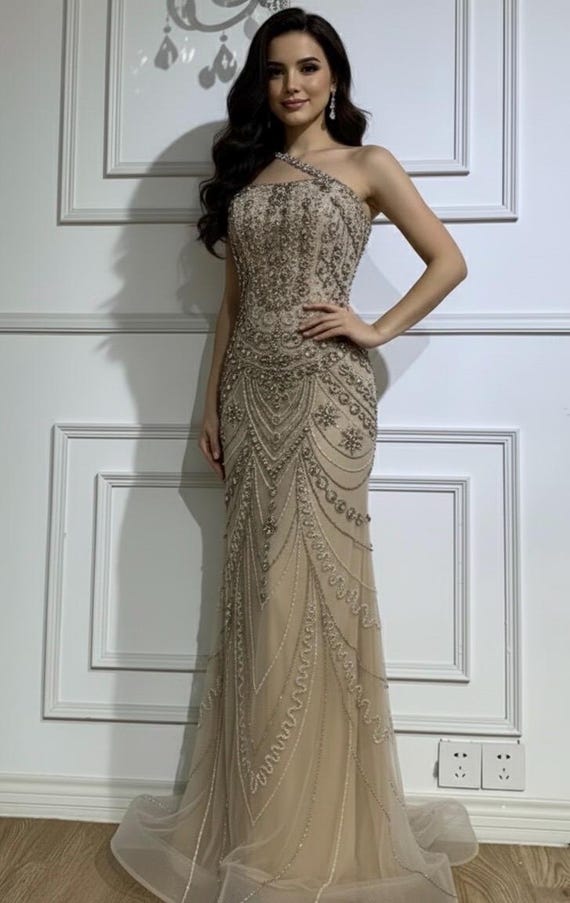 Rhinestone Embellished One Shoulder Double Side Strap Mermaid Gown