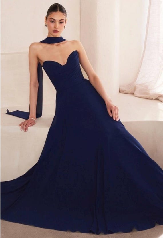 Chiffon Strapless Pleated Bodice Flowing Aline Skirt Gown with Matching Neck Scarf Chiffon Strapless Pleated Bodice Flowing Aline Skirt Gown with Matching Neck Scarf