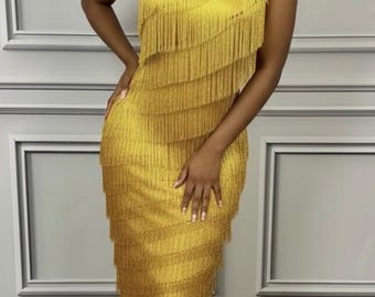 Gold One Shoulder Full Fringe Side Slit Maxi Dress